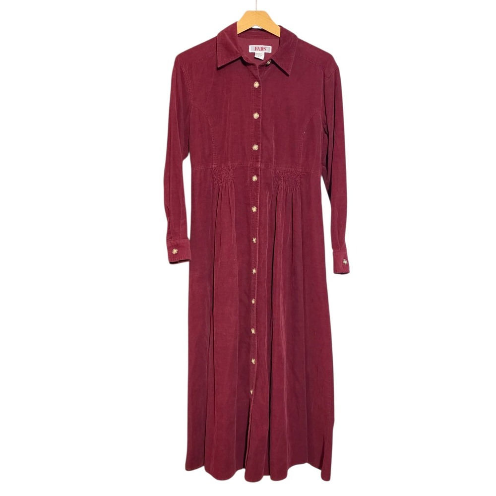 Fads Women Size 6 Maxi Dress Burgundy Corduroy Long Sleeve Button Front Tie-Back